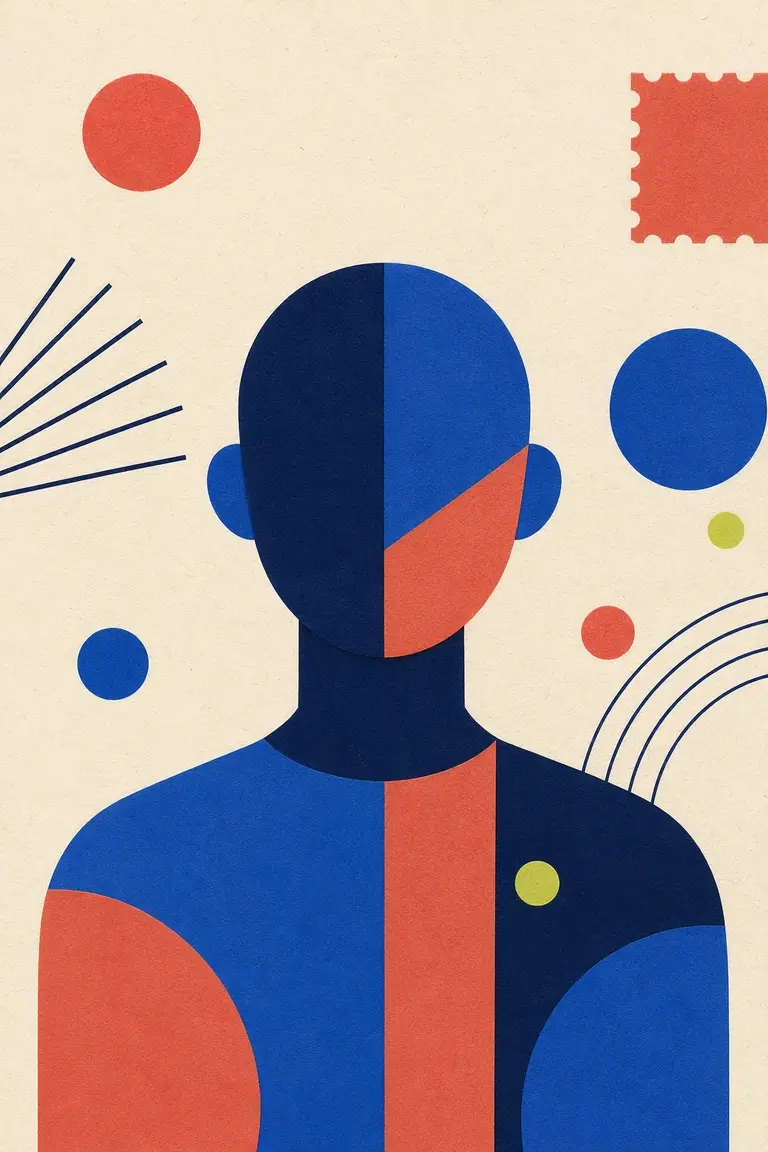 Abstract paper-cut portrait surrounded by playful geometry